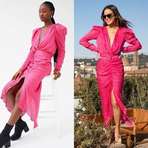 RONNY KOBO Pink Satin Striped Puff Long Sleeve Plunge V-Neck Ruched Midi Dress S